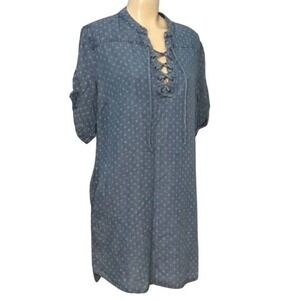 Blue Boho Lace-Up Shift Dress Raindrop Print Tencel Lyocell Women's L‎
